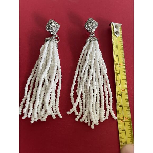 BCBG MaxAzria dangle white Seed beaded Tassel earrings with silver/cz . NWOT - Picture 4 of 15